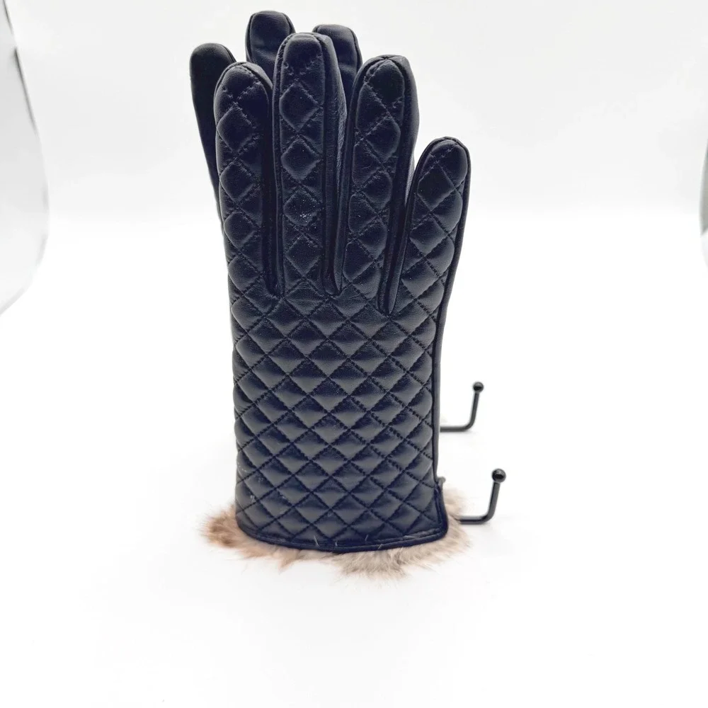 VIKIDEER Quilted Leather Gloves Women M Black Rabbit Fur Trim Cashmere Lined NEW